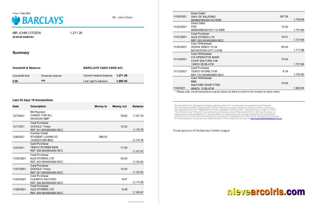 Realistic United Kingdom Barclays Bank Statement Template In Excel And PDF Format, Version 3 (2 Pages)