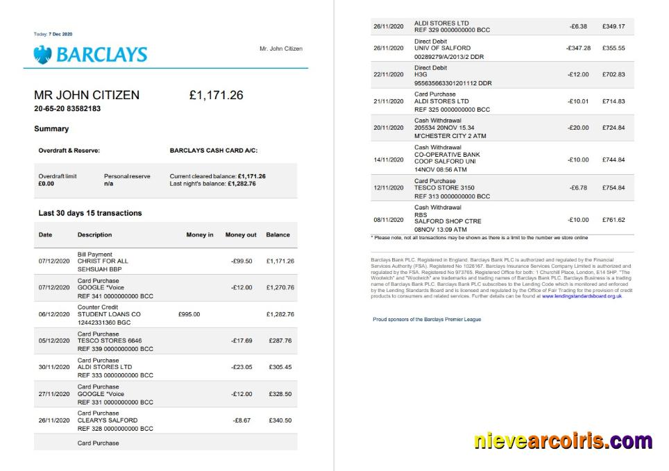 Editable United Kingdom Barclays Bank Statement Template In Word And PDF Format, Version 3 (2 Pages)