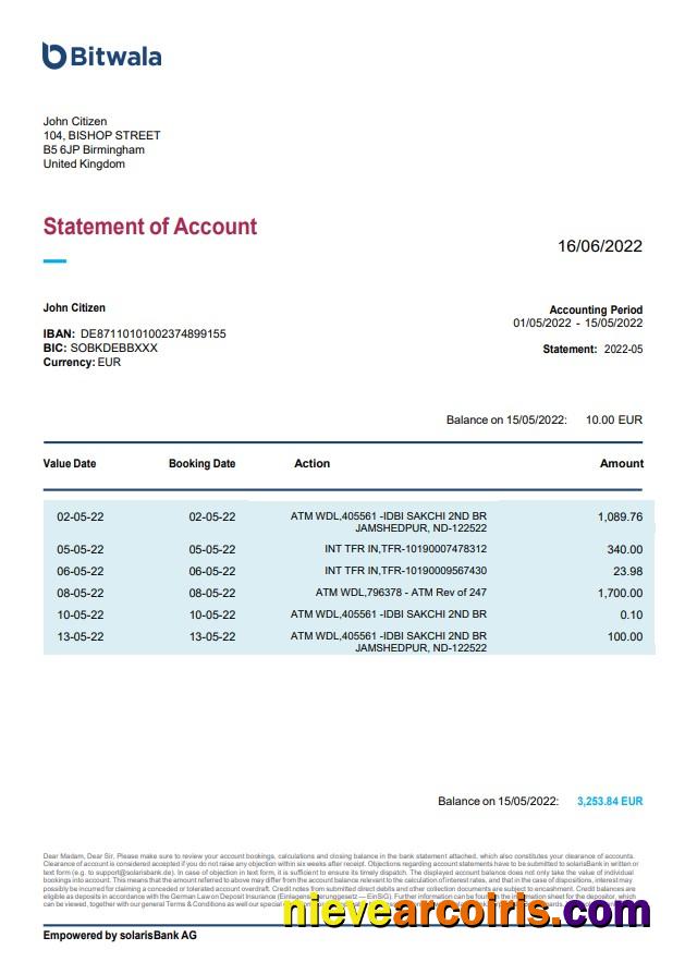 Realistic United Kingdom Bitwala Bank Statement, Word And PDF Template