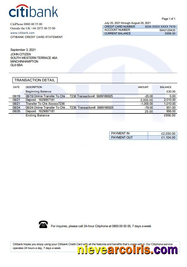 Professional United Kingdom Citibank Bank Statement Template In .doc And .pdf Format