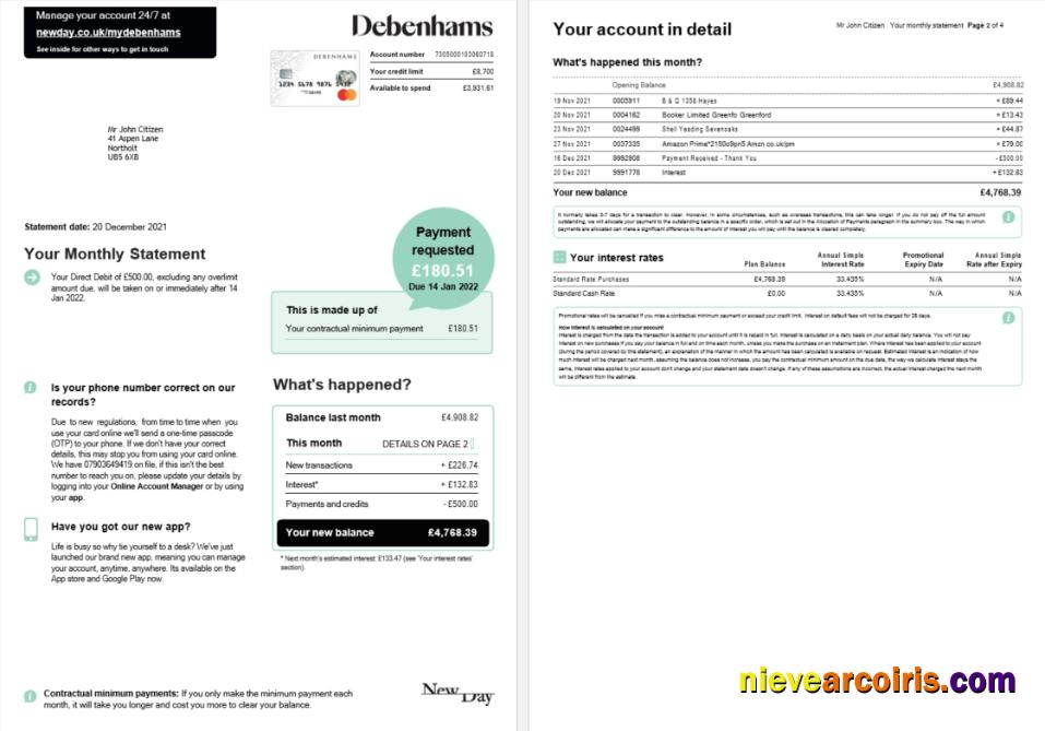 Realistic United Kingdom Debenhams Card Monthly Statement Word And PDF Template, 4 Pages 1 2
