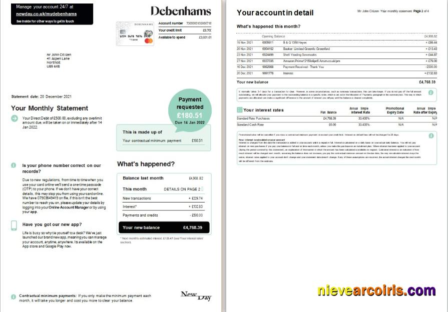 Editable United Kingdom Debenhams Card Monthly Statement Word And PDF Template, 4 Pages