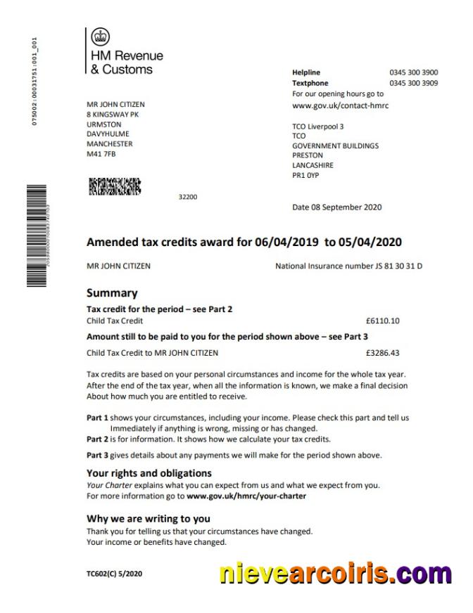 Editable United Kingdom HM Revenue & Customs Tax Credits Award Statement Template In Word And PDF Format (.doc And .pdf)