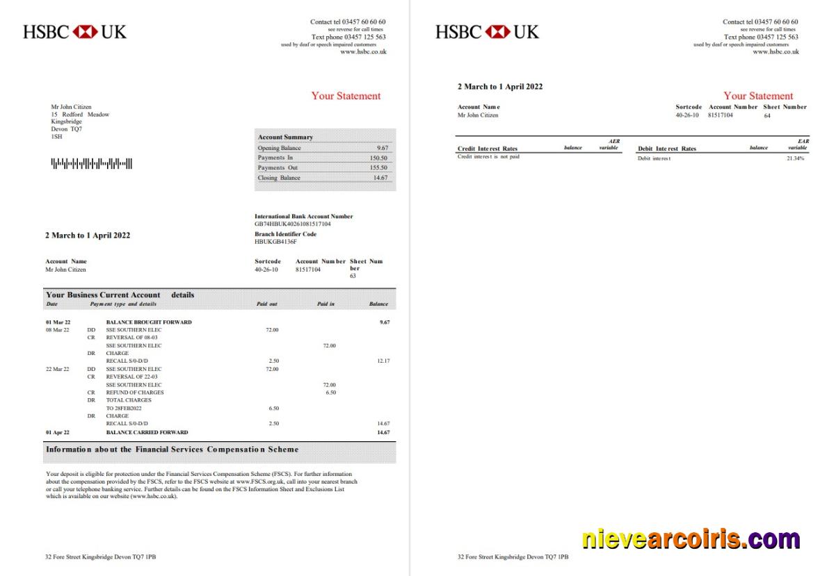 Realistic United Kingdom HSBC Bank Business Account Statement Word And PDF Template, 3 Pages