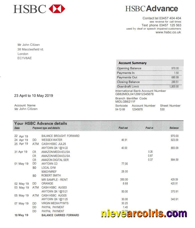 Realistic United Kingdom HSBC Bank Proof Of Address Statement Template In PSD Format, Fully Editable