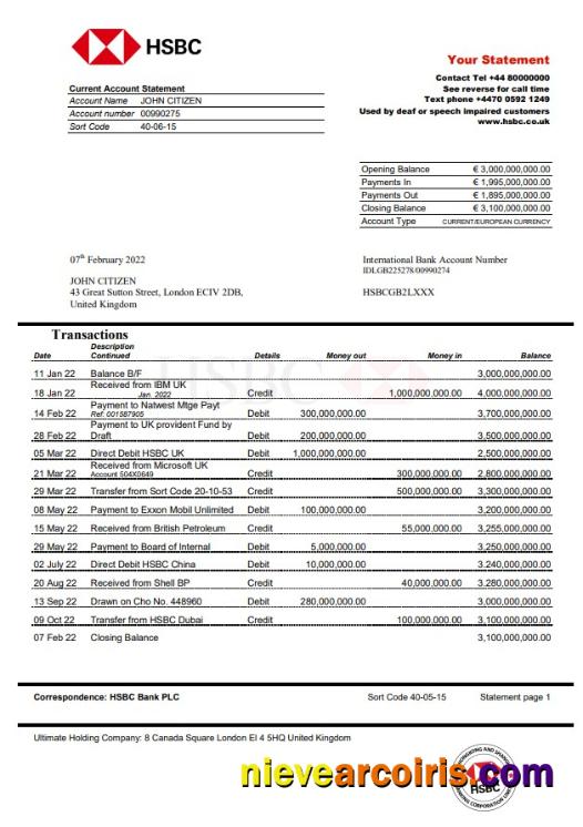 Realistic United Kingdom HSBC Bank Statement Word And PDF Template, Version 2