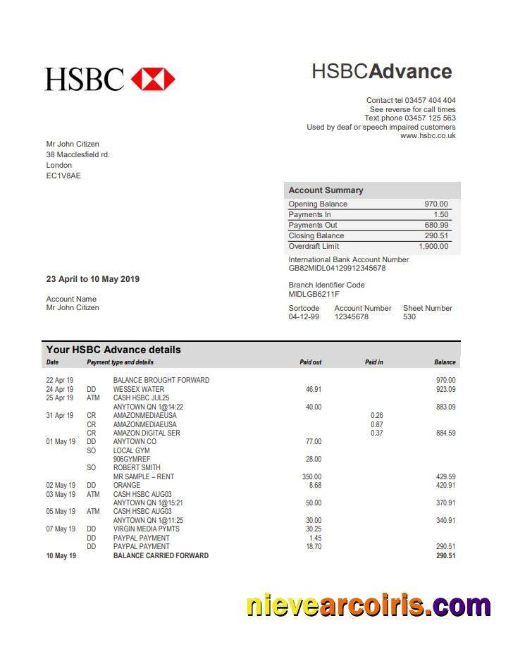 Professional United Kingdom HSBC Bank Statement Template In Word And PDF Format