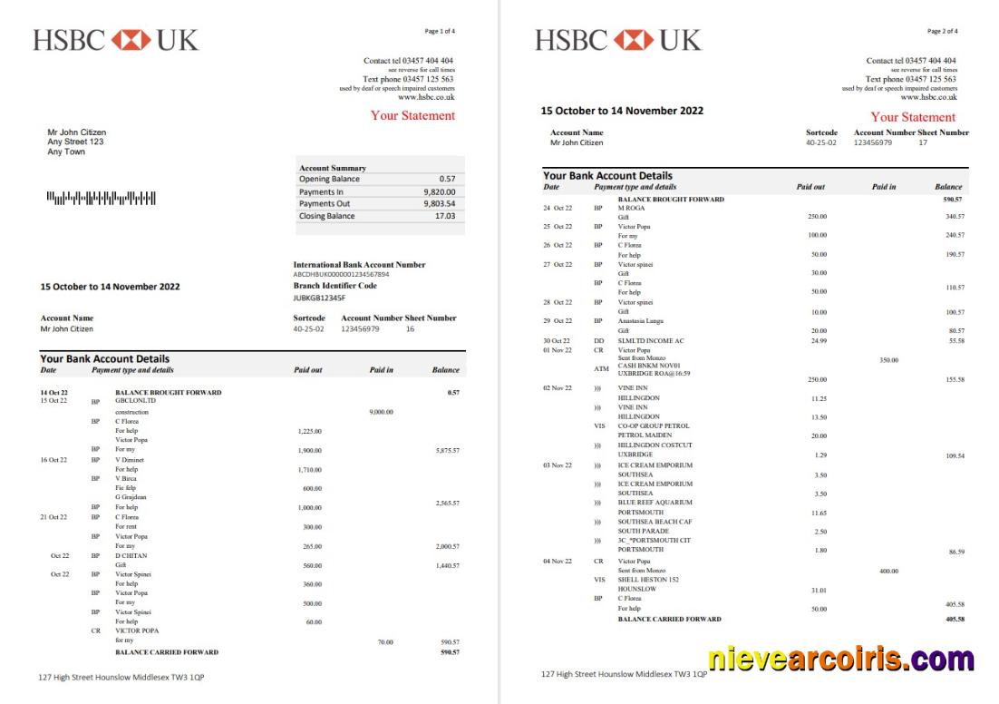 Premium United Kingdom HSBC Bank Statement, Word And PDF Template, 5 Pages