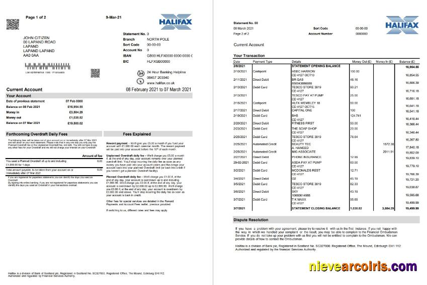 Editable United Kingdom Halifax Bank Proof Of Address Statement Template In Excel And PDF Format (2 Pages)