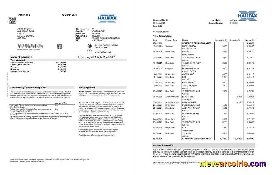 Professional United Kingdom Halifax Bank Proof Of Address Statement Template In Word And PDF Format (2 Pages)