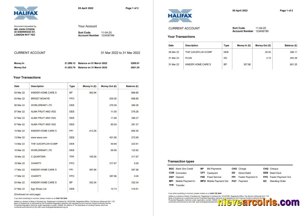 Realistic United Kingdom Halifax Bank Statement Word And PDF Template, 2 Pages, Version 2