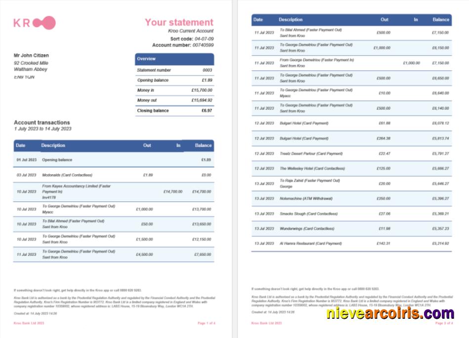 Premium United Kingdom Kroo Bank Statement Word And PDF Template, 4 Pages 1 2