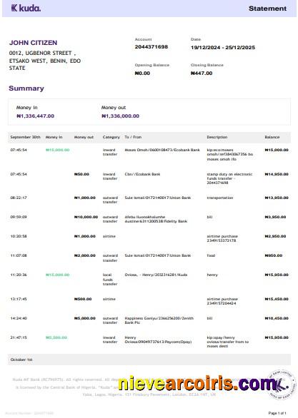 United Kingdom Kuda Bank Statement 3 – 6 Months Word And PDF Example Sample