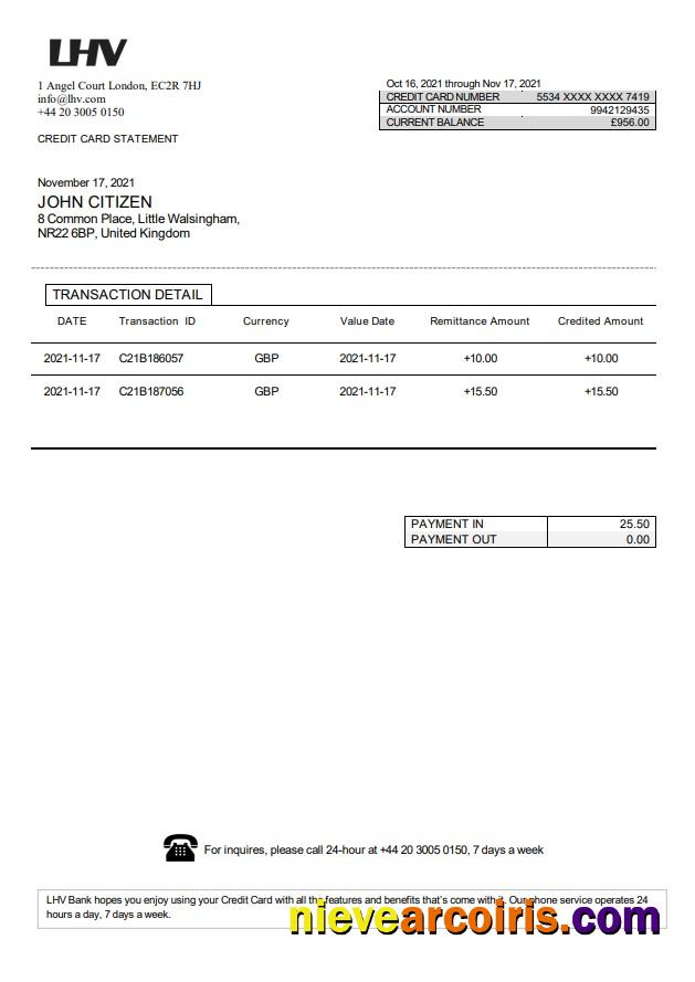 United Kingdom LHV Group Bank Statement In Word And PDF Format Template