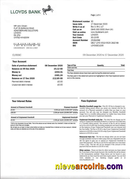 Editable United Kingdom Lloyds Bank Proof Of Address Statement Template, Fully Editable In PSD Format