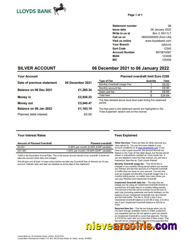 Premium United Kingdom Lloyds Bank Statement Word And PDF Template, Version 2