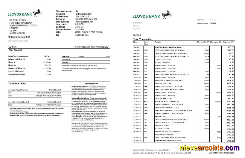 Realistic United Kingdom Lloyds Bank Statement Template In Excel And PDF Format (2 Pages)