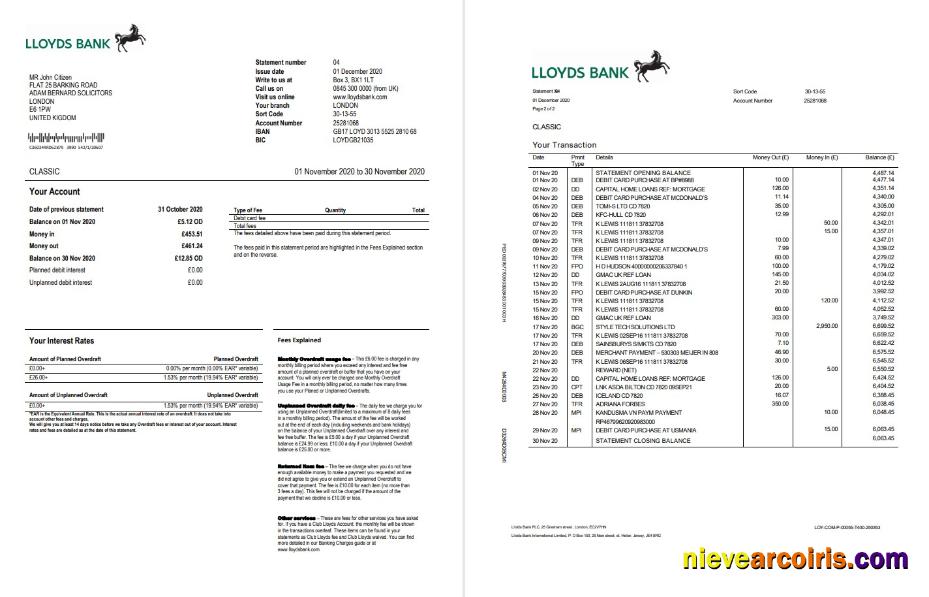 Premium United Kingdom Lloyds Bank Statement Template In Word And PDF Format, Good For Address Prove (2 Pages)