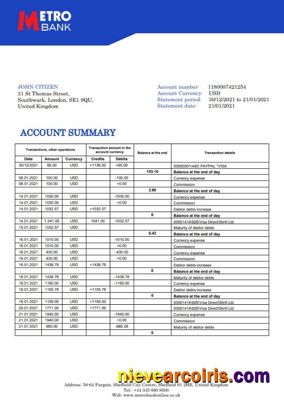 Editable United Kingdom Metro Bank Statement Template In Word And PDF Format