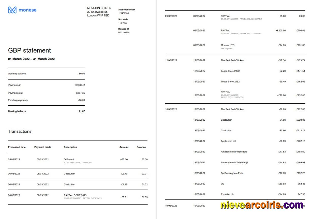 Professional United Kingdom Monese Bank Statement Word And PDF Template, 3 Pages