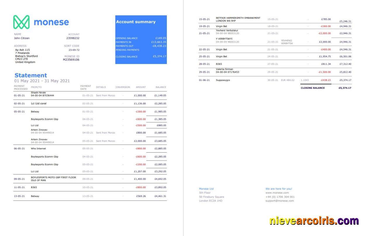 Professional United Kingdom Monese Bank Statement Template In Excel And PDF Format, 2 Pages2