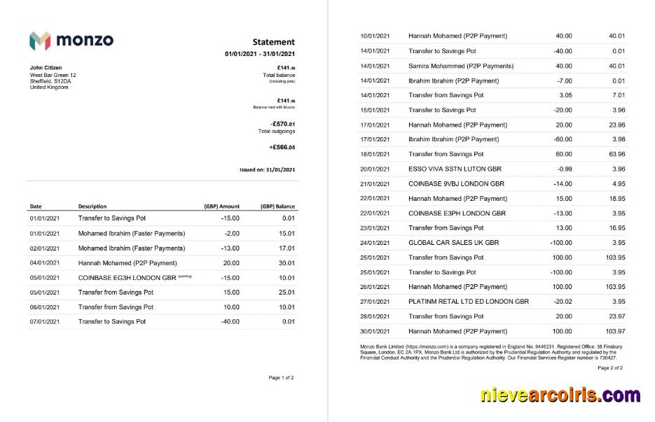 Editable United Kingdom Monzo Bank Statement Template In Word And PDF Format (3 Pages), Good For Address Prove
