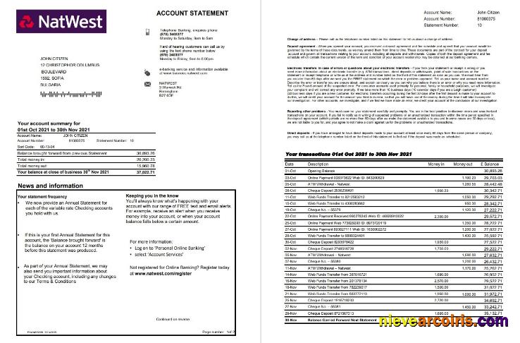 Realistic United Kingdom NatWest Bank Account Statement Template In Excel And PDF Format, 2 Pages