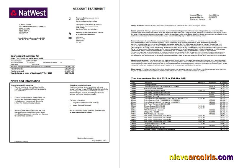 Professional United Kingdom NatWest Bank Account Statement Template In Word And PDF Format, 2 Pages