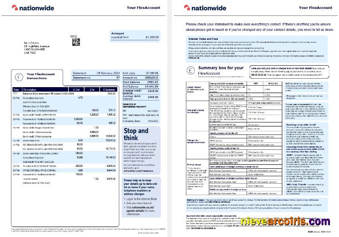 Premium United Kingdom Nationwide Bank Statement Current Version Template, 2 Pages