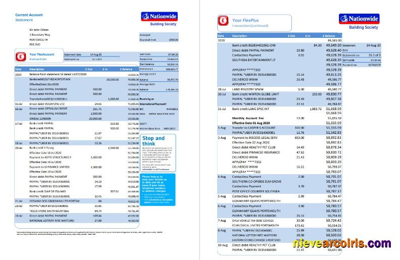 Editable United Kingdom Nationwide Bank Statement Template In .xls And .pdf Format (5 Pages)