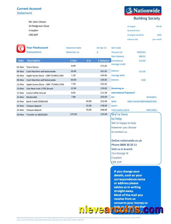 Realistic United Kingdom Nationwide Bank Statement Template In Excel And PDF File Format