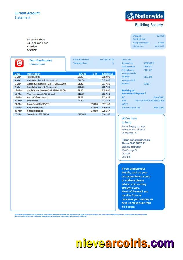 Premium United Kingdom Nationwide Bank Statement Template In Word And PDF File Format