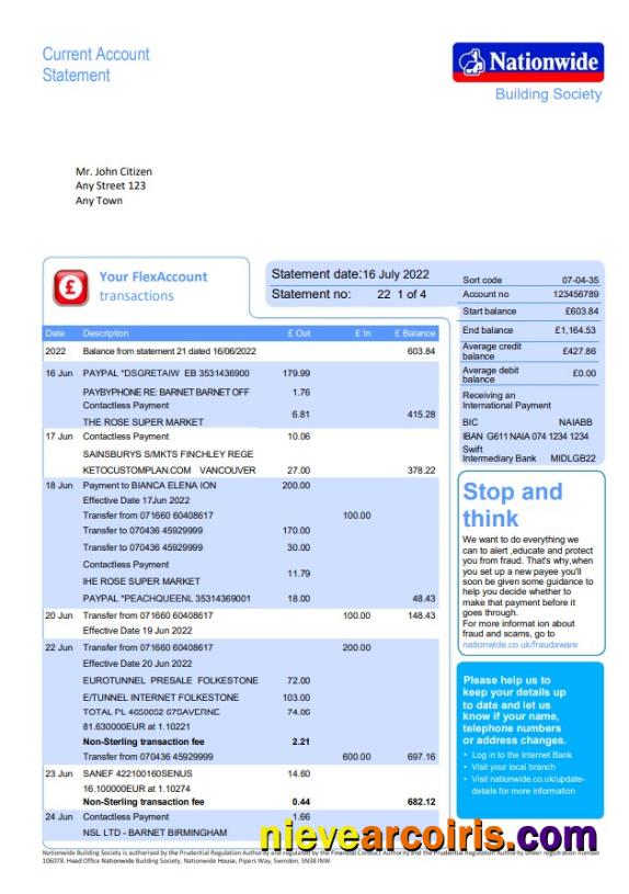 Realistic United Kingdom Nationwide Bank Statement, Word And PDF Template, 5 Pages, Version 2