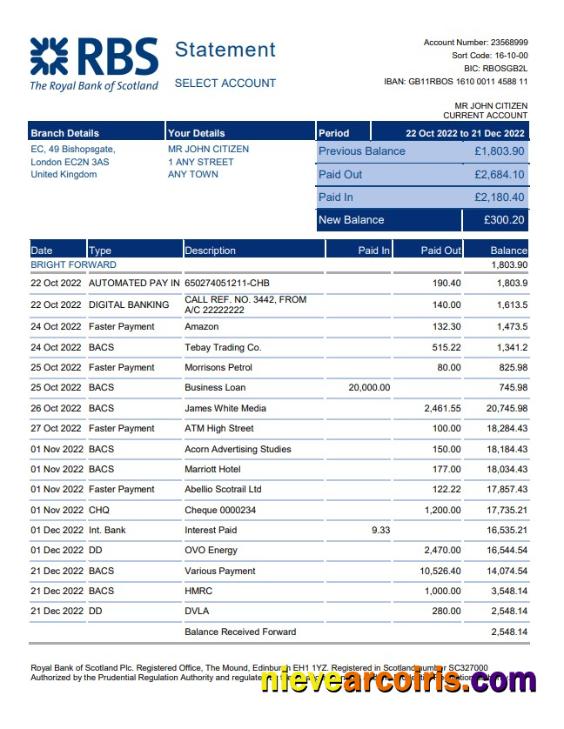 Professional United Kingdom Royal Bank Of Scotland (RBS) Bank Statement, Word And PDF Template