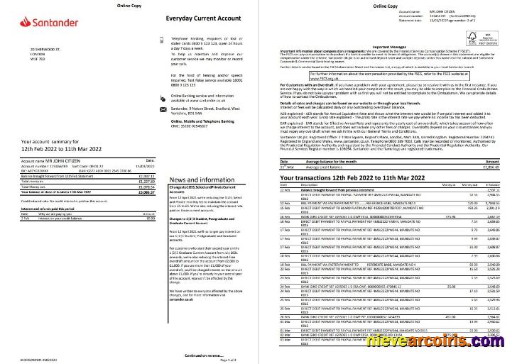 Realistic United Kingdom Santander Bank Statement Word And PDF Template, 3 Pages, Version 2