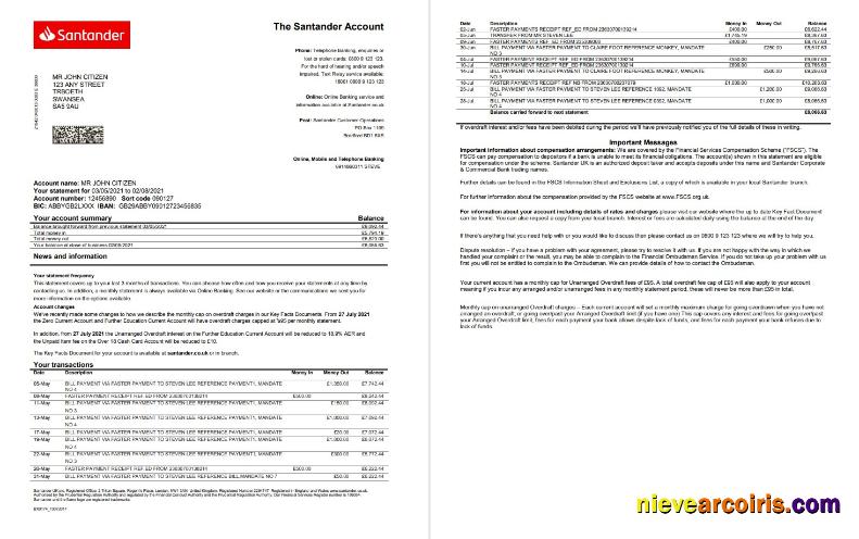 Editable United Kingdom Santander Bank Statement Template In Word And PDF Format (2 Pages)