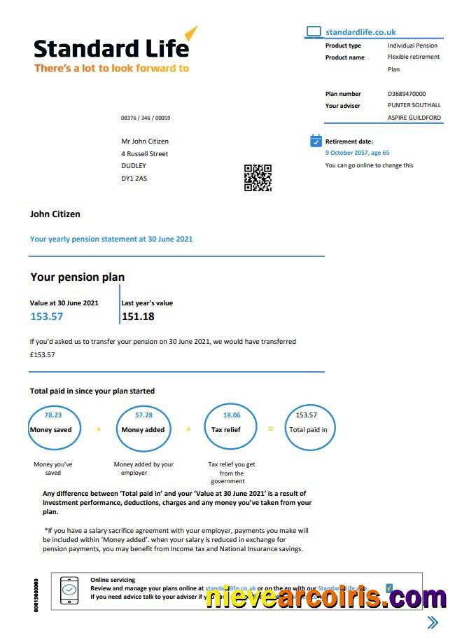 United Kingdom Standard Life Proof Of Address Pension Statement In Excel And PDF (.xls And .pdf) Format Preview