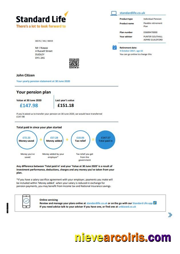 United Kingdom Standard Life Proof Of Address Pension Statement In Word And PDF (.doc And .pdf) Format Template