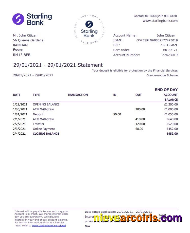 Editable United Kingdom Starling Bank Statement Template In .xls And .pdf File Format, Good For Address Prove