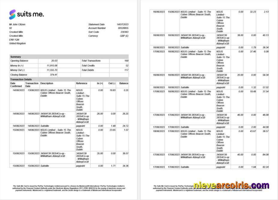 Realistic United Kingdom Suits Me Bank Statement Word And PDF Template, 2 Pages