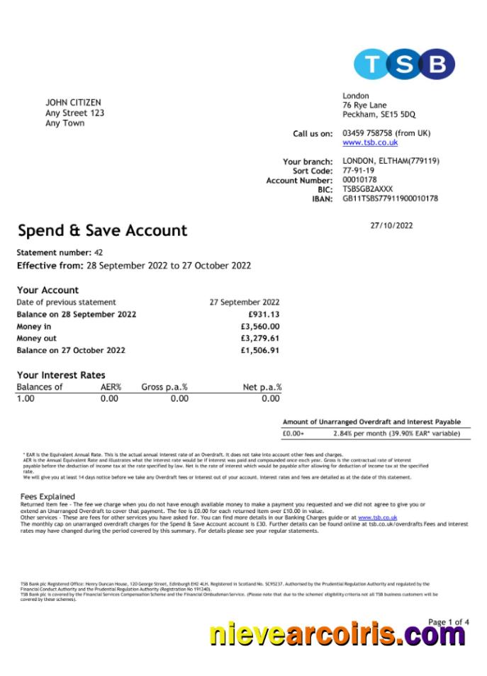 Premium United Kingdom TBS Bank Statement Excel And PDF Template, 4 Pages 1