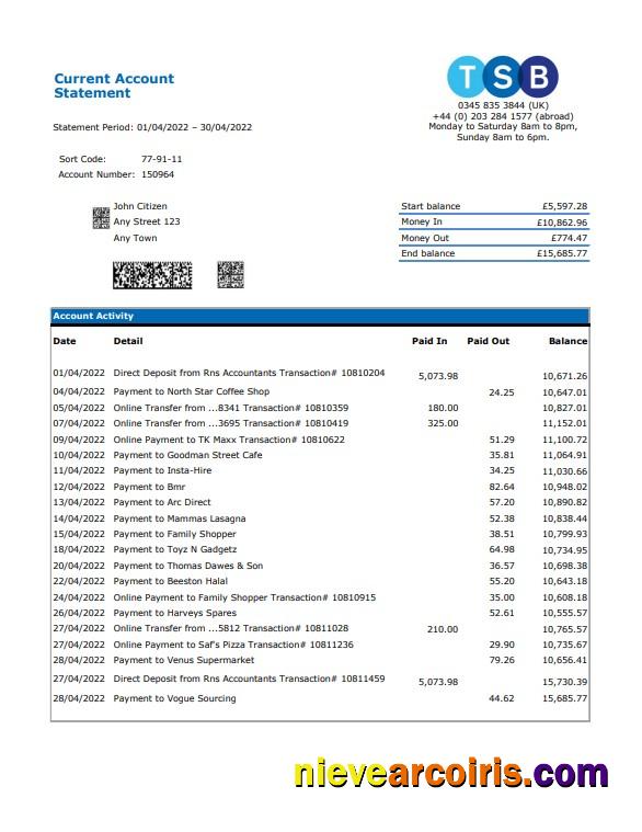 Realistic United Kingdom TSB Bank Statement, Excel And PDF Template