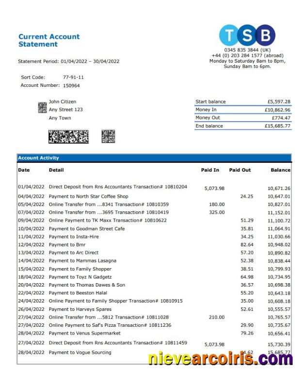United Kingdom TSB Bank Statement, Excel Preview
