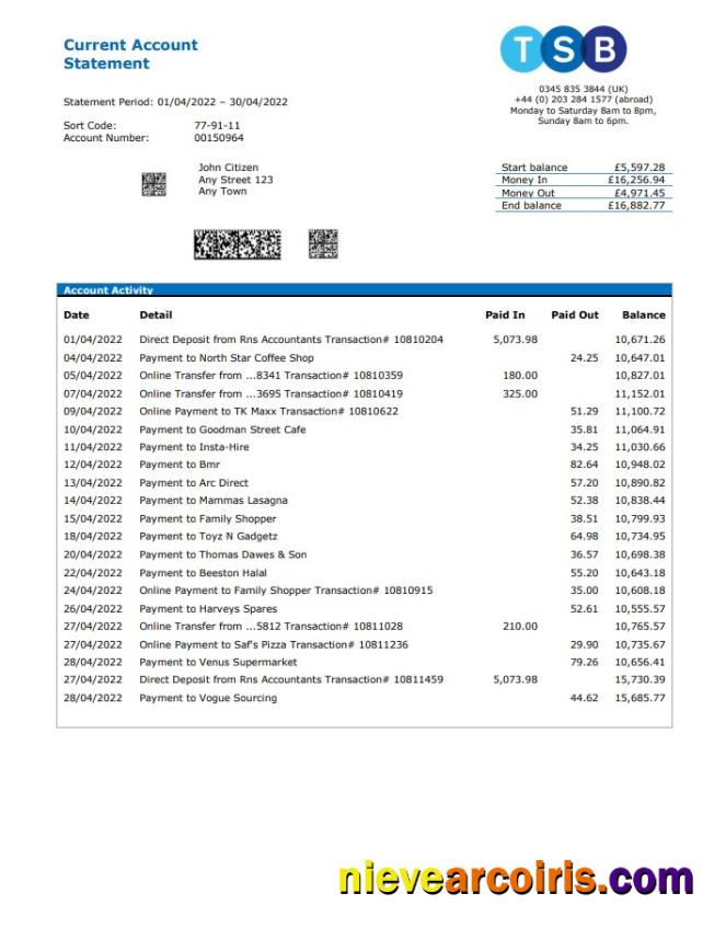 Editable United Kingdom TSB Bank Statement, Word And PDF Template