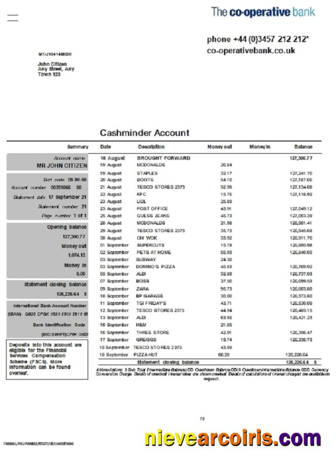 United Kingdom The Co Operative Bank Statement In Word And PDF Format Preview
