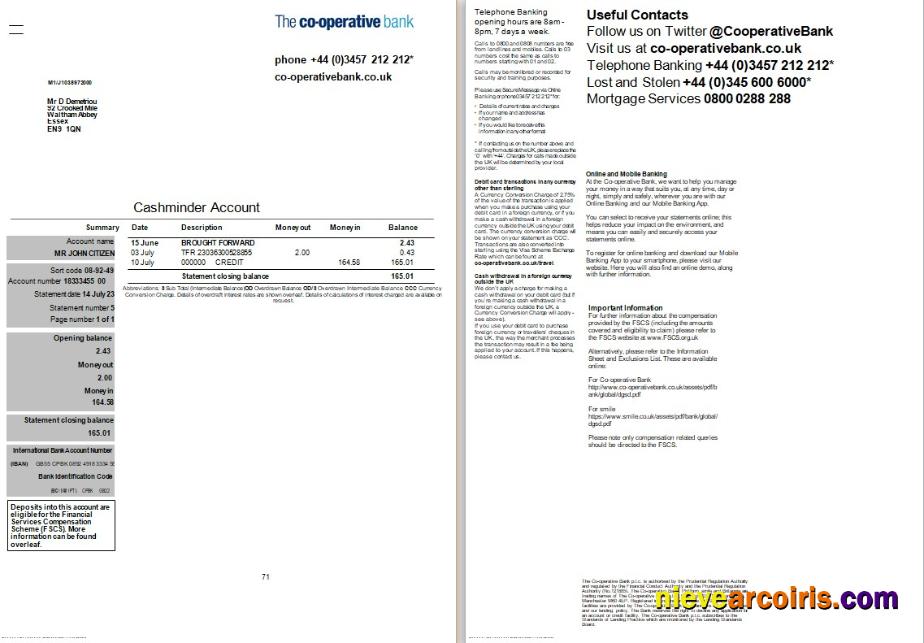 Premium United Kingdom The Cooperative Bank Statement Word And PDF Template, 2 Pages