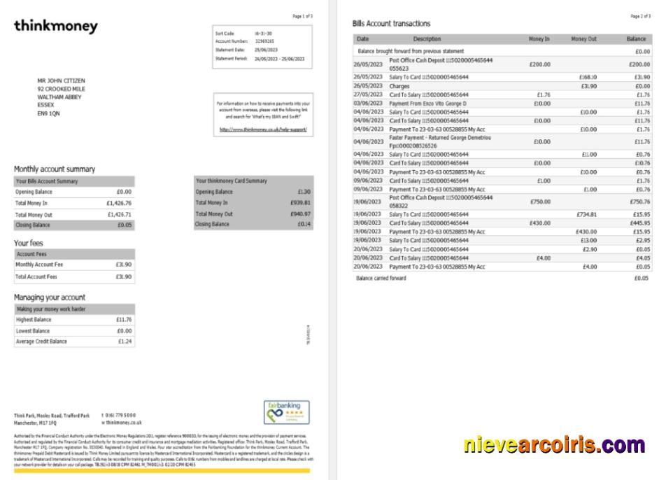Premium United Kingdom Think Money Bank Statement Word And PDF Template, 3 Pages 1 2 SCR