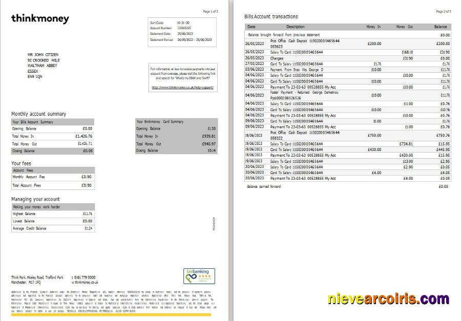 Realistic United Kingdom Think Money Bank Statement Word And PDF Template, 3 Pages
