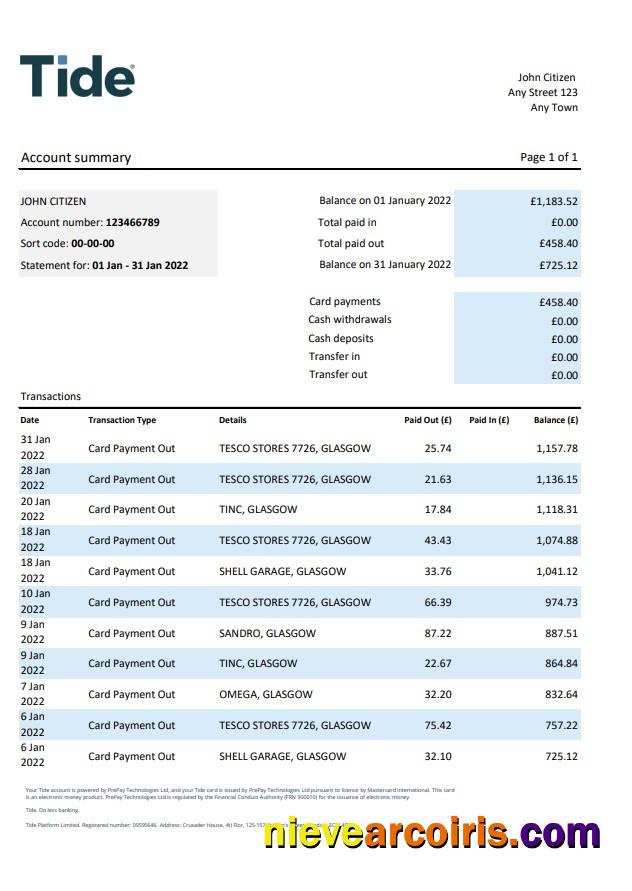 Professional United Kingdom Tide Bank Statement, Excel And PDF Template