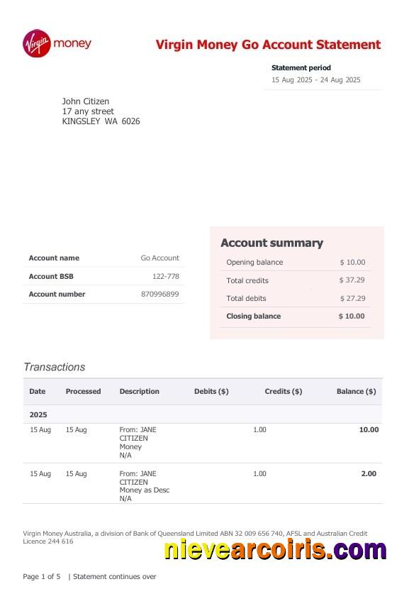 United Kingdom Virgin Money Go Account Bank Statement Template